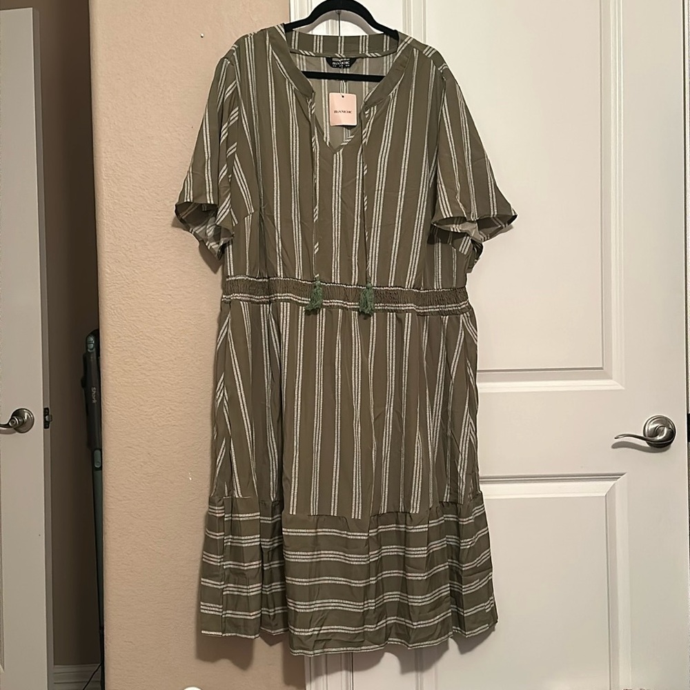 BloomChic Olive Green Striped Tassel Dress